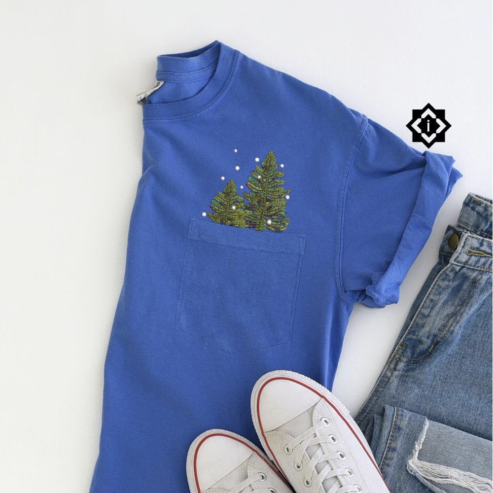 Comfort Colors Christmas Trees Embroidered Pocket Shirt | Gift for Her view 3