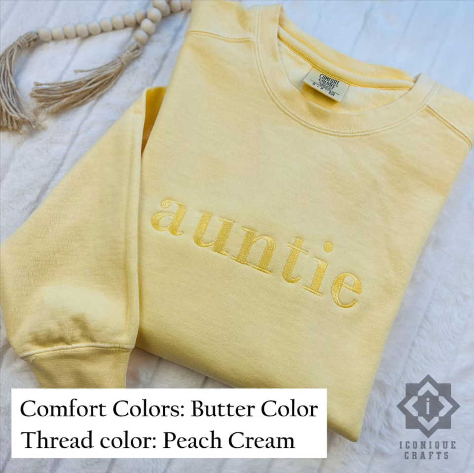 Custom Embroidered Auntie Sweatshirt with Kids' Names on sleeve view 2