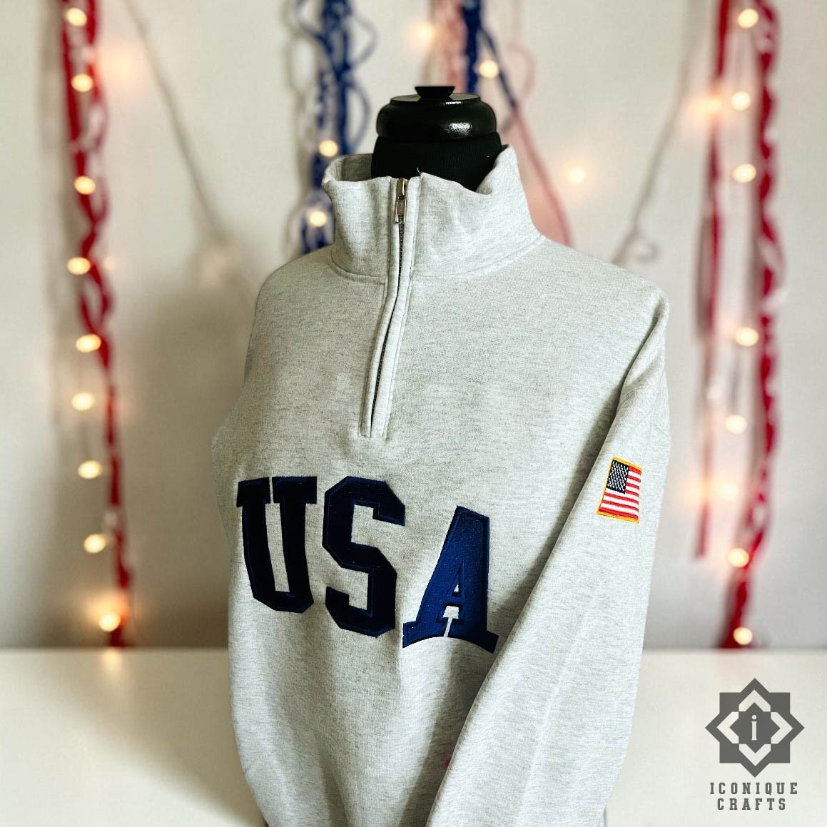 Embroidered USA Quarter Zip Sweatshirt - Vintage American Flag