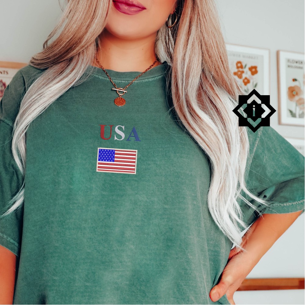 Comfort Colors Embroidered USA Flag T-Shirt & Sweatshirt