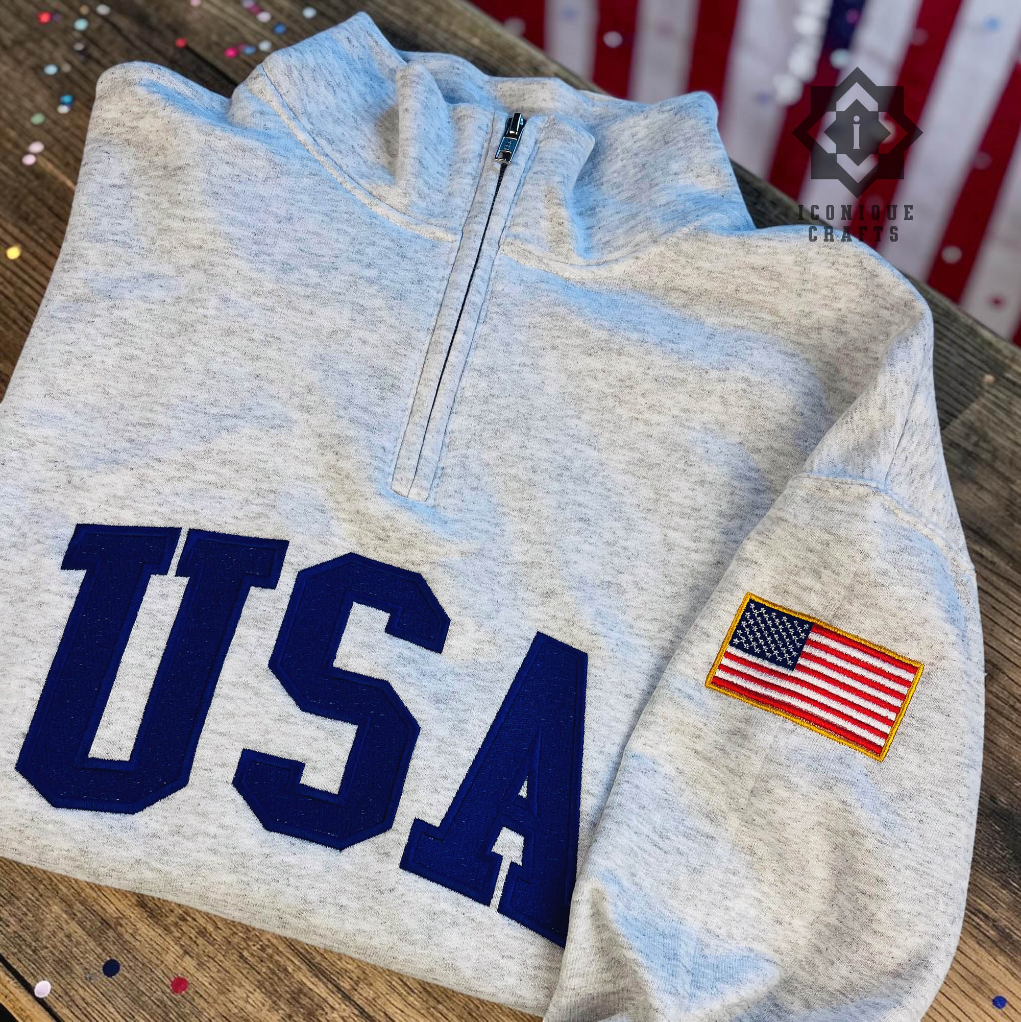 Embroidered USA Quarter Zip Sweatshirt - Vintage American Flag view 2